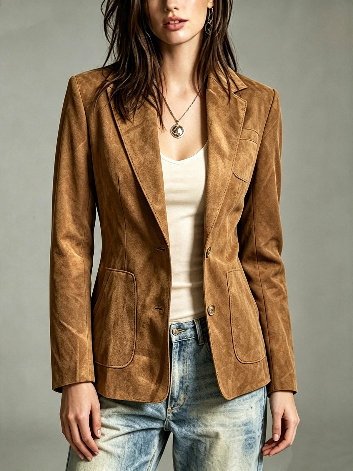 YY260604023, Women's Elegant and Stylish Maillard Vintage Faux Slim-Fit Blazer, Commuter Single-Breasted Casual Suit Top with Autumn/Winter Ambiance, Vintage British-Style Waist-Cinching Suit for Women, Long Sleeve with Pocket Design - Dark Brown