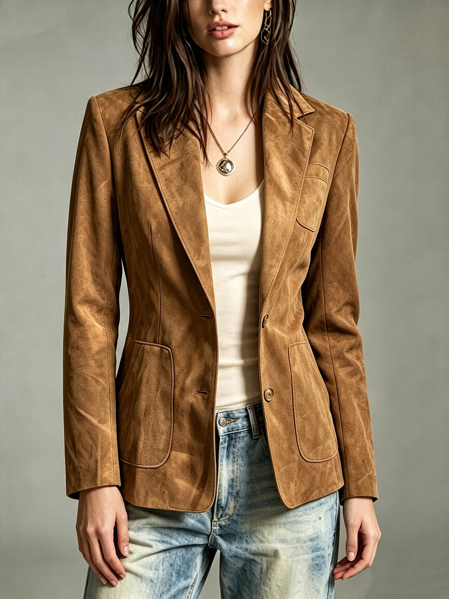 YY260604023, Women's Elegant and Stylish Maillard Vintage Faux Slim-Fit Blazer, Commuter Single-Breasted Casual Suit Top with Autumn/Winter Ambiance, Vintage British-Style Waist-Cinching Suit for Women, Long Sleeve with Pocket Design - Dark Brown