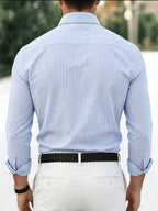 Classic Men's Striped Oxford Shirt with Chest Pocket, Button- Collar, Versatile Long-Sleeve Top for Daily Commute - Light Blue Stripes