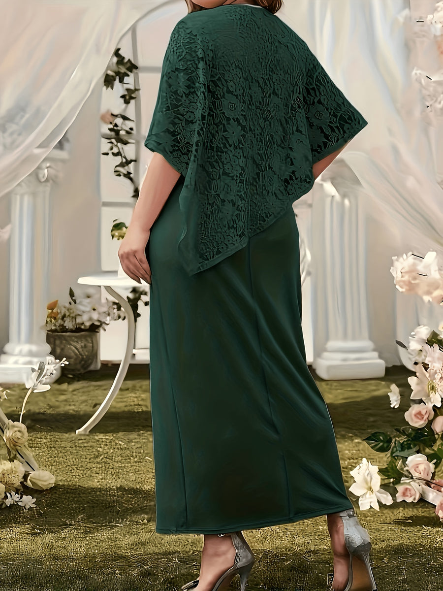 Elegant Solid Color Round Neck Short Sleeve High-Waist A-Line Dress, Suitable for Work, Casual, and Parties, a Versatile Bridesmaid Dress with a Graceful Attitude - Green
