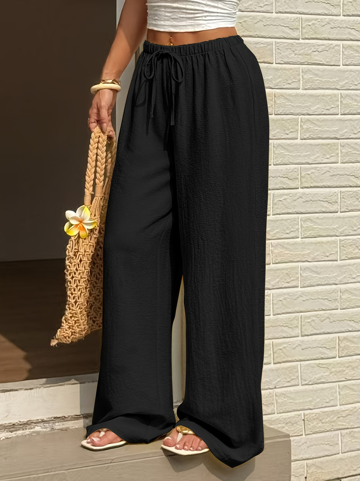 Solid Color Wide-Leg Pants, Breathable Thin Straight-Leg Casual Trousers, Loose-Fitting Women's Pants (with Text) - Black