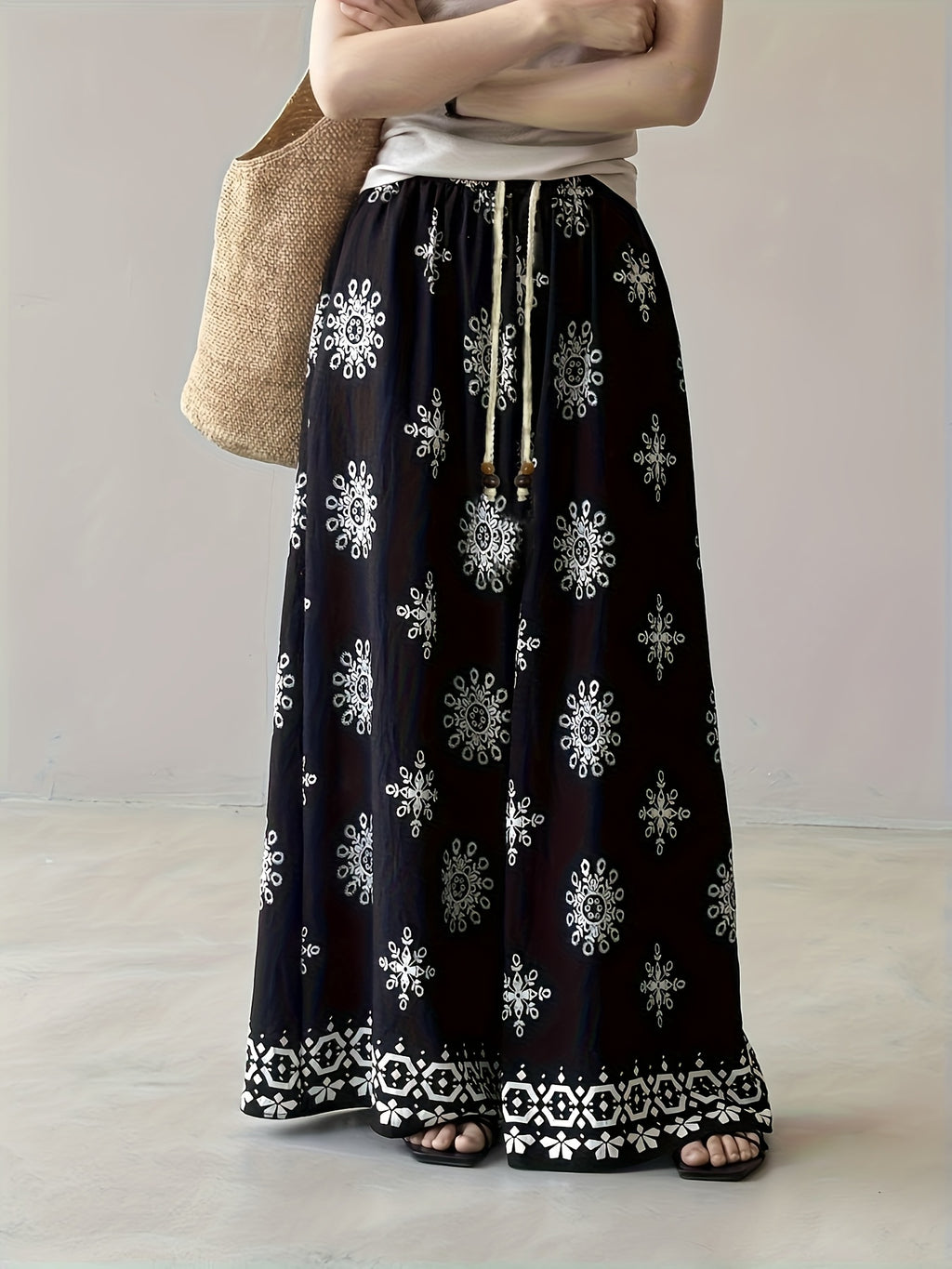 Bohemian Vintage Print Drawstring Wide-Leg Pants for Women, Summer Lightweight Straight-Leg Casual Trousers - Black