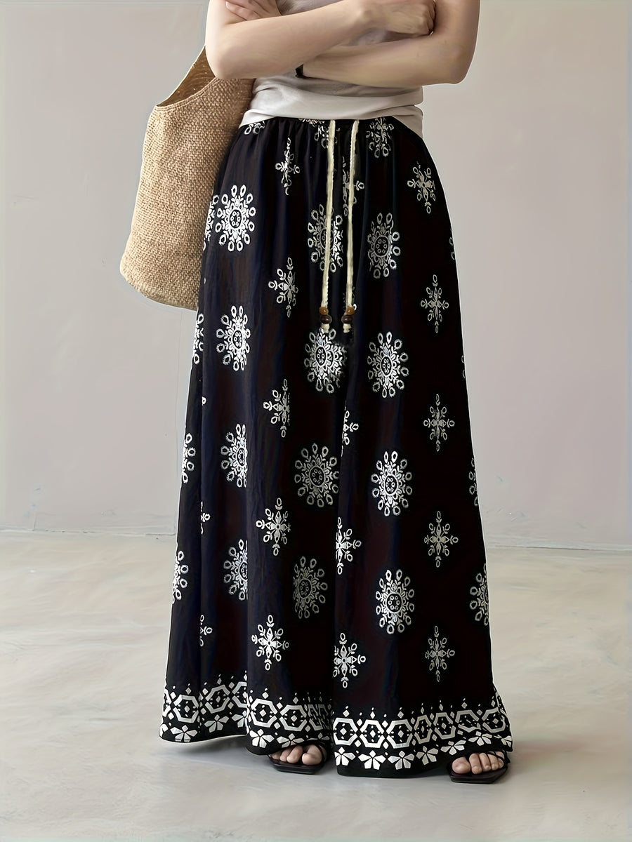 Bohemian Vintage Print Drawstring Wide-Leg Pants for Women, Summer Lightweight Straight-Leg Casual Trousers - Black
