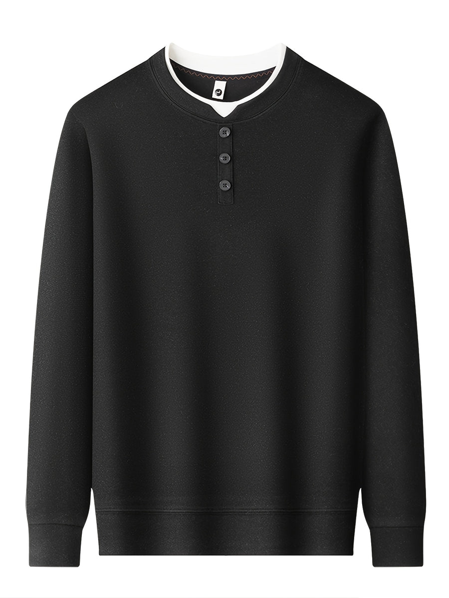 Men'S 3-Button Round Neck Faux Two-Piece Spring/Autumn Solid Color Sweatshirt, Regular Shoulder Long Sleeve Pullover, Spring/Autumn Season, Wearable As Single Piece Or Layering Piece - SINBOS - Extra Black