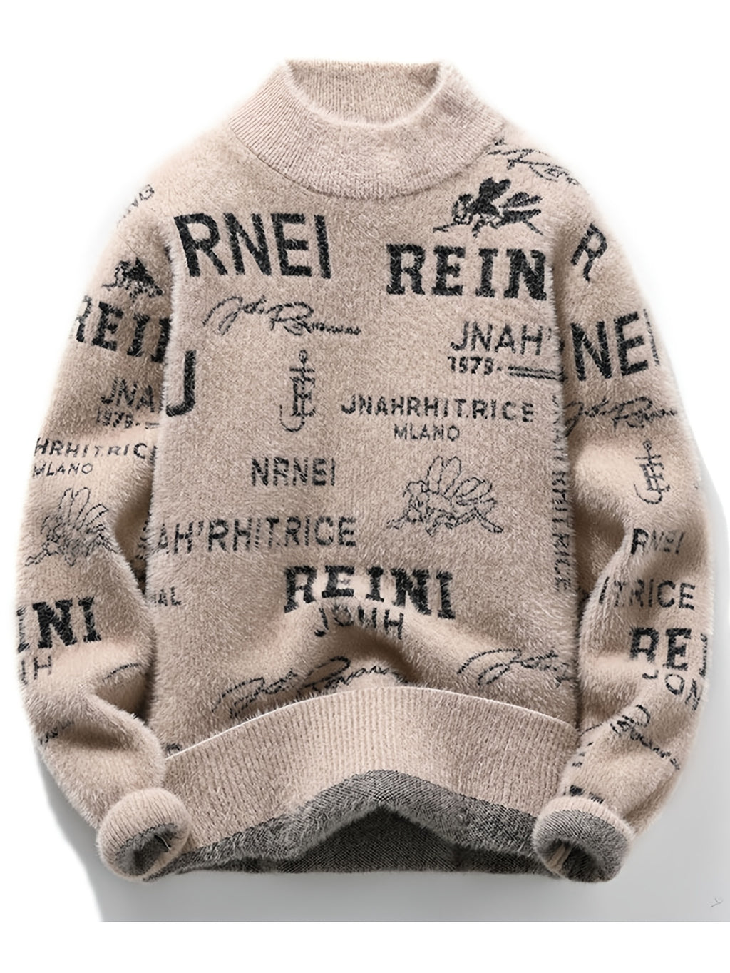 Young Men's Fashionable Letter Jacquard Autumn and Winter New Round Neck Knitted Sweater Pullover Sweater Casual Base Top - Khaki