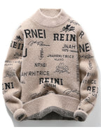 Young Men's Fashionable Letter Jacquard Autumn and Winter New Round Neck Knitted Sweater Pullover Sweater Casual Base Top - Khaki