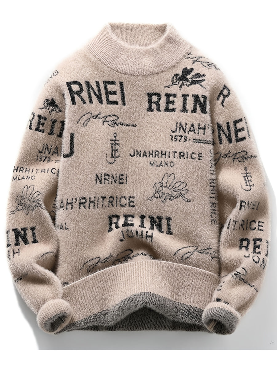 Young Men's Fashionable Letter Jacquard Autumn and Winter New Round Neck Knitted Sweater Pullover Sweater Casual Base Top - Khaki