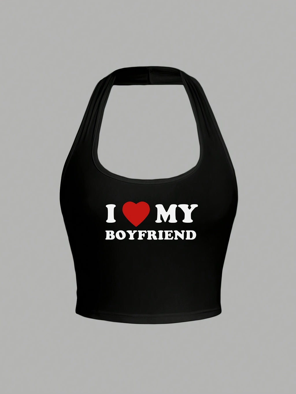Casual Style Heart-Shaped 'I Love My Boyfriend' Printed Backless Tank Top for Women, Perfect for The Summer Back-To- Season - Black