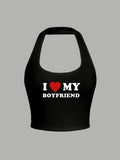 Casual Style Heart-Shaped 'I Love My Boyfriend' Printed Backless Tank Top for Women, Perfect for The Summer Back-To- Season - Black