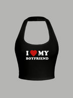 Casual Style Heart-Shaped 'I Love My Boyfriend' Printed Backless Tank Top for Women, Perfect for The Summer Back-To- Season - Black