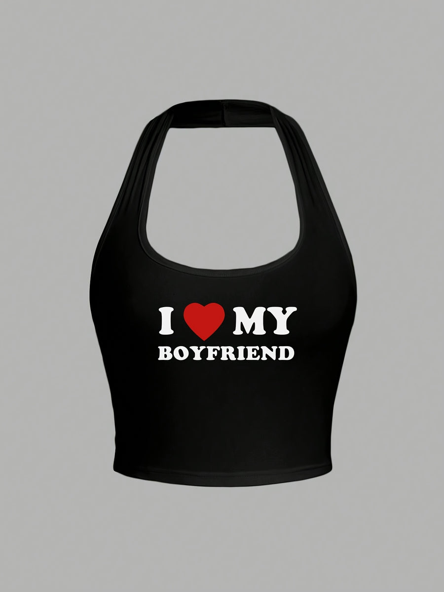 Casual Style Heart-Shaped 'I Love My Boyfriend' Printed Backless Tank Top for Women, Perfect for The Summer Back-To- Season - Black