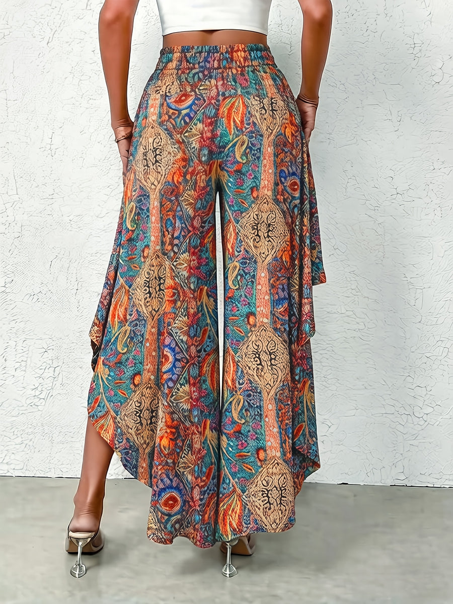 Women's Fashion Wide-Leg Pants, Bohemian Vintage Print Slit Wide-Leg Pants, High-Waist Drawstring Loose Irregular Flowy Skort, Ethnic Print Skort - Red