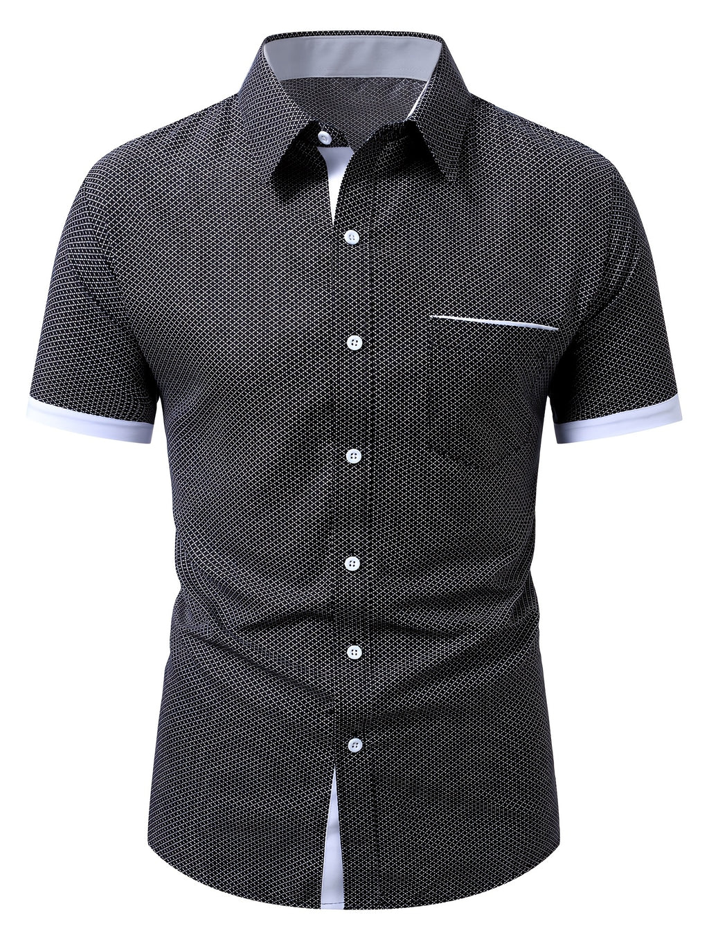 Old Money Outfits Men'S Black Micro Grid Check Contrast White Cuff Short Sleeve Shirt, Cool Wrinkle Resistant Quick Dry Fabric, Lightweight Breathable Casual Top for Summer Office, Daily Street & Vacation - Black