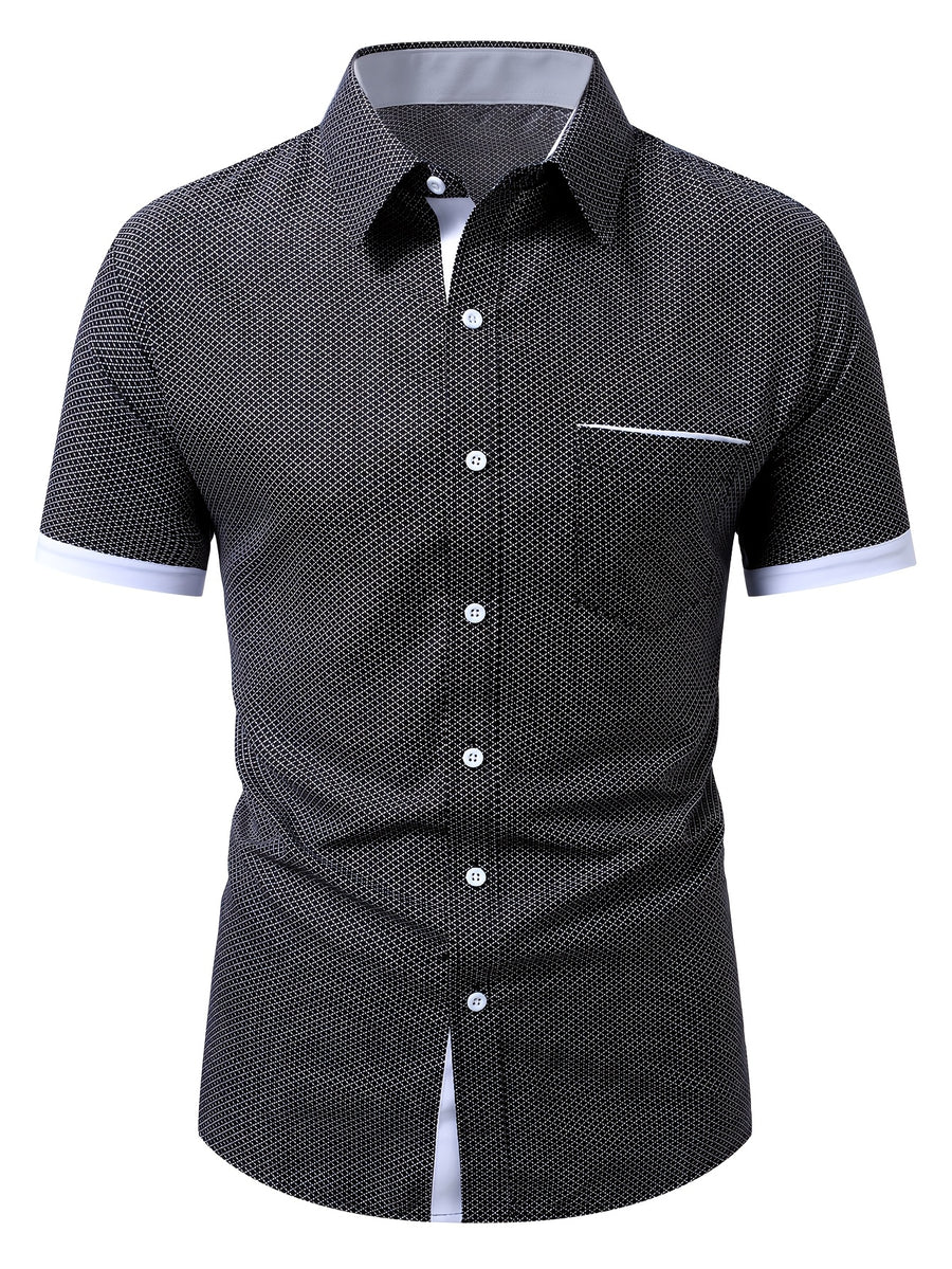 Old Money Outfits Men'S Black Micro Grid Check Contrast White Cuff Short Sleeve Shirt, Cool Wrinkle Resistant Quick Dry Fabric, Lightweight Breathable Casual Top for Summer Office, Daily Street & Vacation - Black