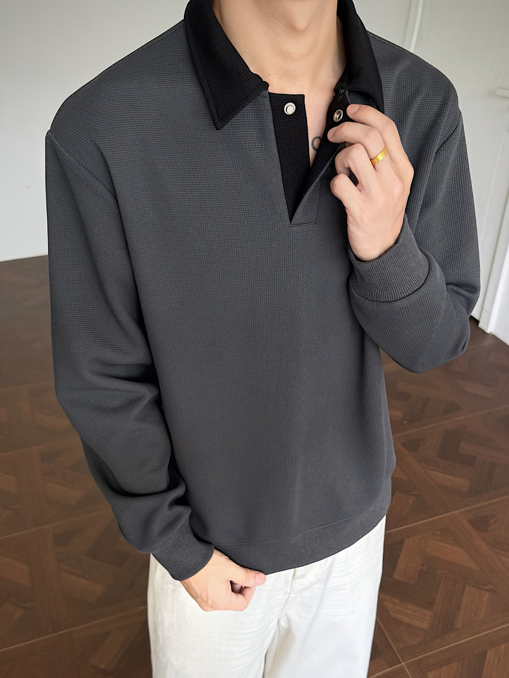 Polo Shirt, 1pc Men'S Fashion Trendy Casual Individual Color-Block Patchwork Collar Polo Shirt, Loose Fit, Comfortable Stretch Fabric, Suitable for Daily Casual Commuting Wear - Dark Gray
