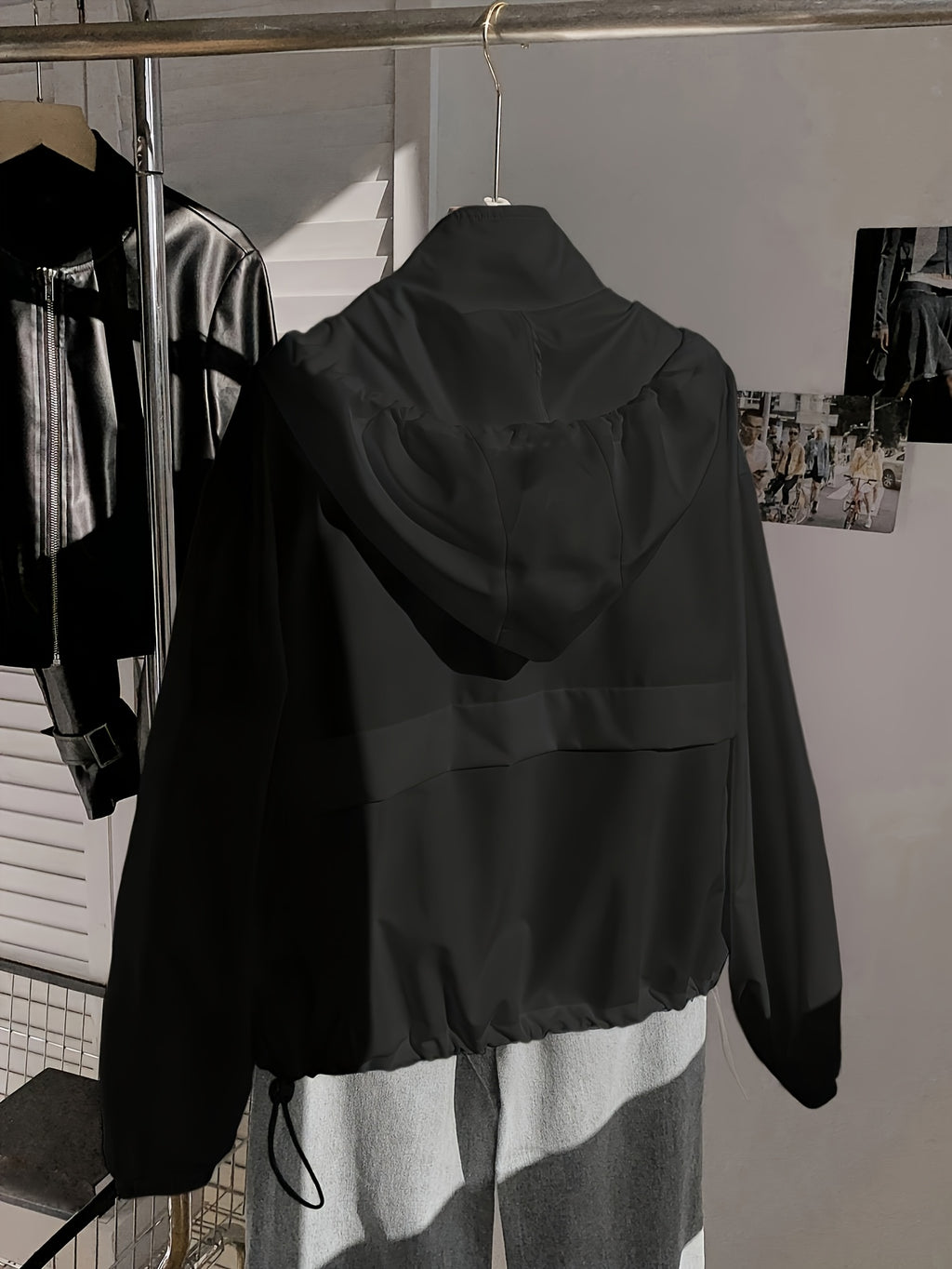 Women'S Solid Color Casual Drawstring Hooded Jacket, Stylish Windbreaker with Pockets, Long Sleeve Stand Collar Zip-Up Top - Black