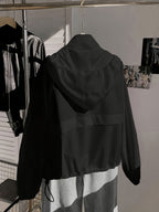 Women'S Solid Color Casual Drawstring Hooded Jacket, Stylish Windbreaker with Pockets, Long Sleeve Stand Collar Zip-Up Top - Black