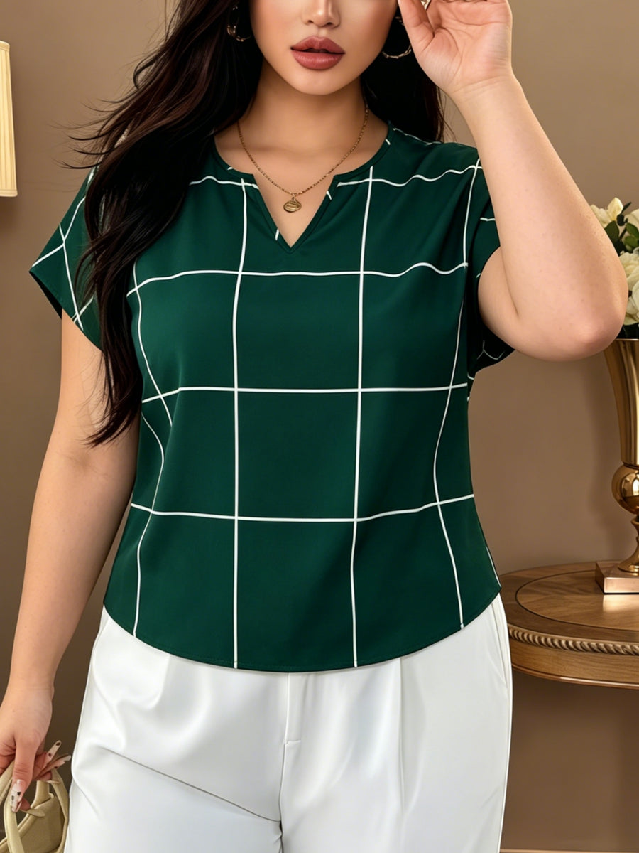 Large Plaid V-Neck Batwing Sleeve Short-Sleeved Chiffon Shirt, Minimalist Commuter Style Shirt, Versatile Temperament Top, Minimalist Commuter Style, French Relaxed Style - Green Grid