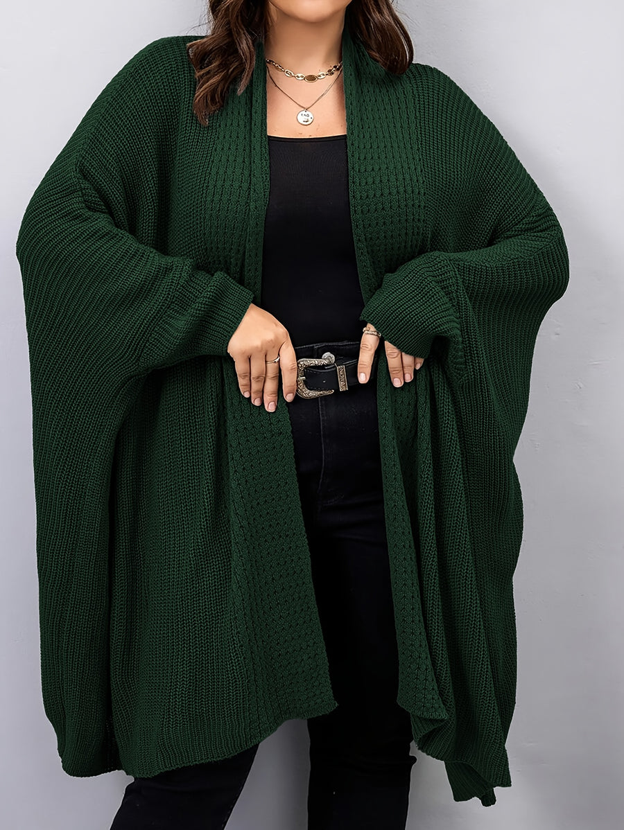 Plus Size, Plus Size Women's Batwing Sleeve Solid Open Front Cardigan - Dark Green