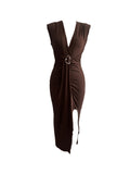 Women'S Fashion Solid Color Side Slit Pleated Deep V Sleeveless Dress - Coffee Brown