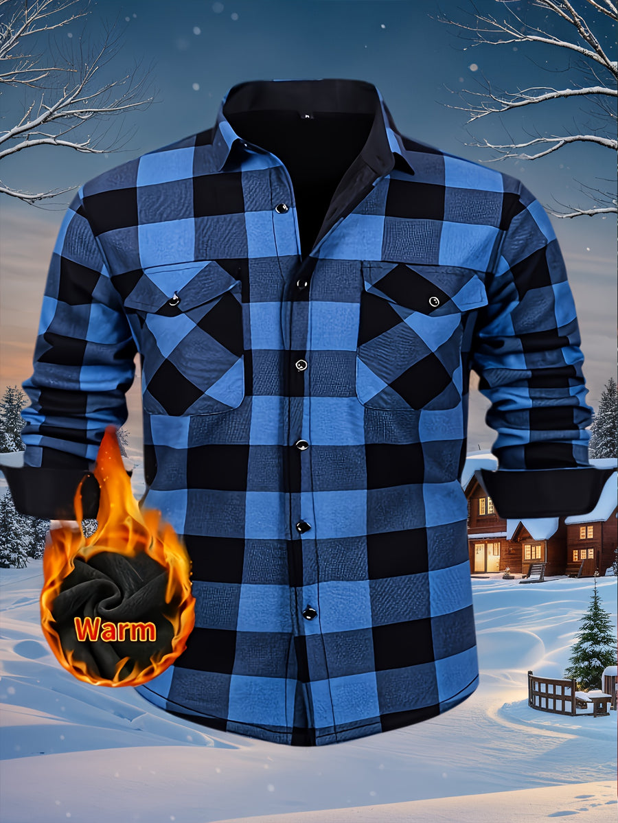 2026 Men's Plaid Shirt - Color Block Design, Brushed Lining, Warm Winter Flannel (Casual & Outdoor) Color Block Lining, Cold Weather Flannel for Outdoor Bold Color Block, Brushed Interior, Urban Style - Navy Color