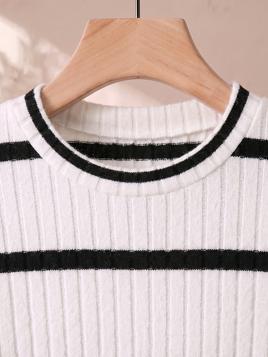 2pcs Set Retro Black And White Contrast Long Sleeve Bodysuit Women'S Solid Black And Striped Tight Bodysuit Commute Date Base Layer - Black+Black And White Stripes