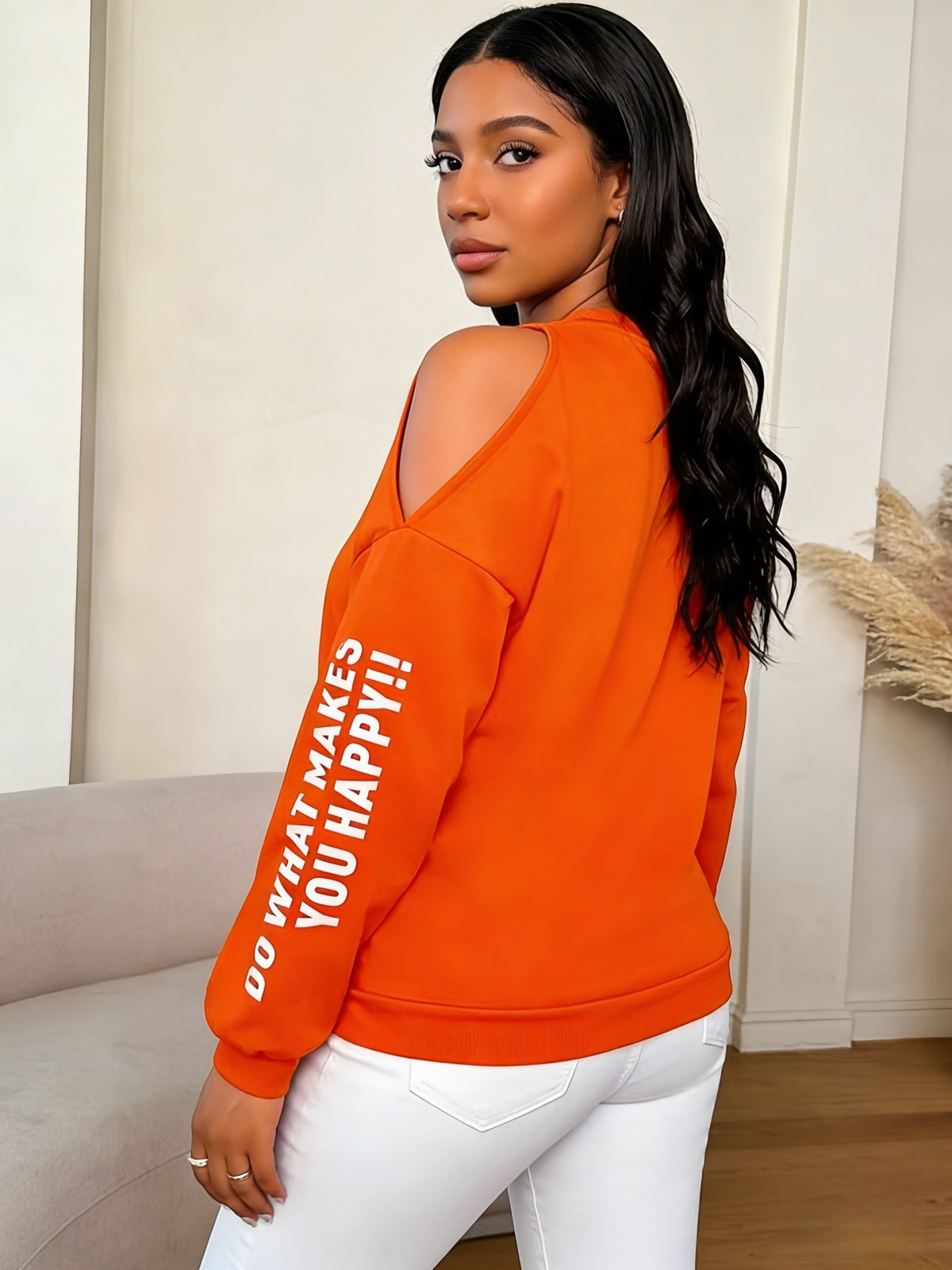Women'S Loose Casual Letter Print Off-Shoulder Long Sleeve Base Layer Sweatshirt, Spring Autumn Commute Back-To- Outfit - Orange Red