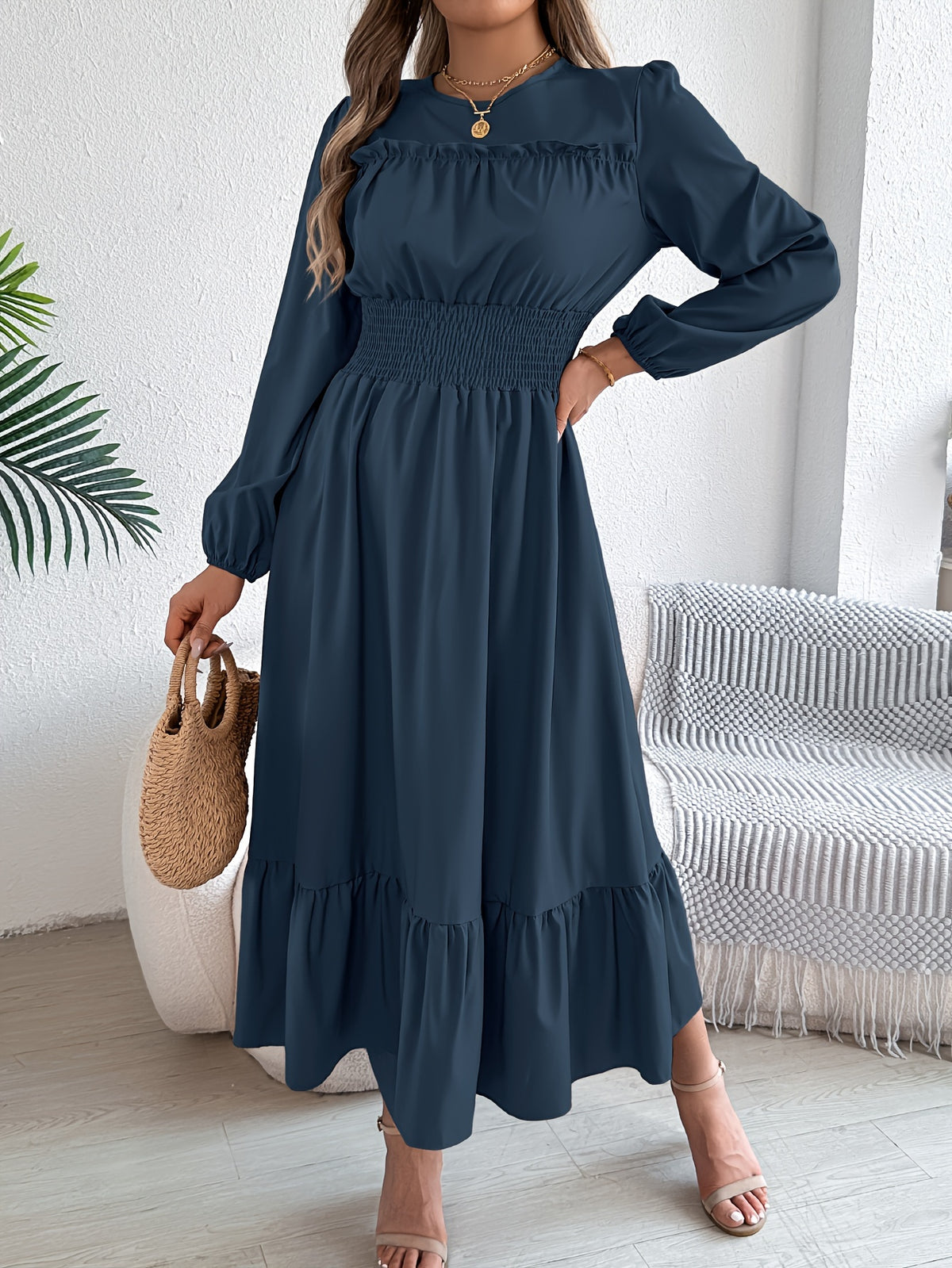 Autumn-Winter Elegant Solid Color Round Neck Long Sleeve Waist-Gathered Ruffle Hem Maxi Dress - Navy Color