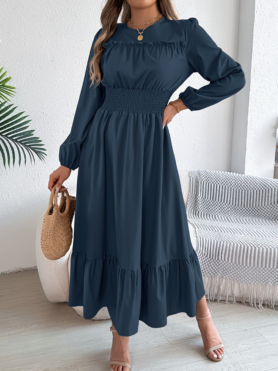 Autumn-Winter Elegant Solid Color Round Neck Long Sleeve Waist-Gathered Ruffle Hem Maxi Dress - Navy Color