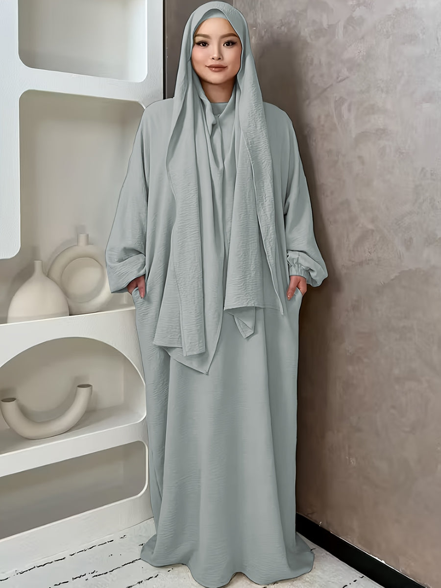 1pc And Abaya One-Piece Dress, Prayer Jilbab Fashionable, Elegant And Casual Solid-Colored Puff Sleeve Suitable for Daily Wear. Loose And Comfortable Women'S Abaya Robe - Dark Gray