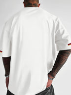 Street Style Men'S Trendy T-Shirt, Easy Team Badge Print And Side 3-Color Design, Casual Travel Fashion Outfit - White