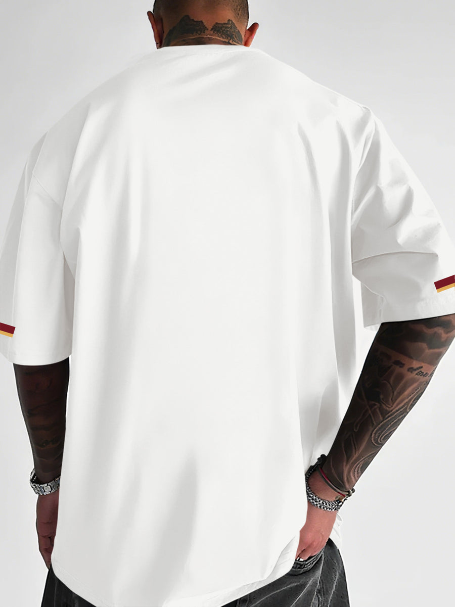 Street Style Men'S Trendy T-Shirt, Easy Team Badge Print And Side 3-Color Design, Casual Travel Fashion Outfit - White