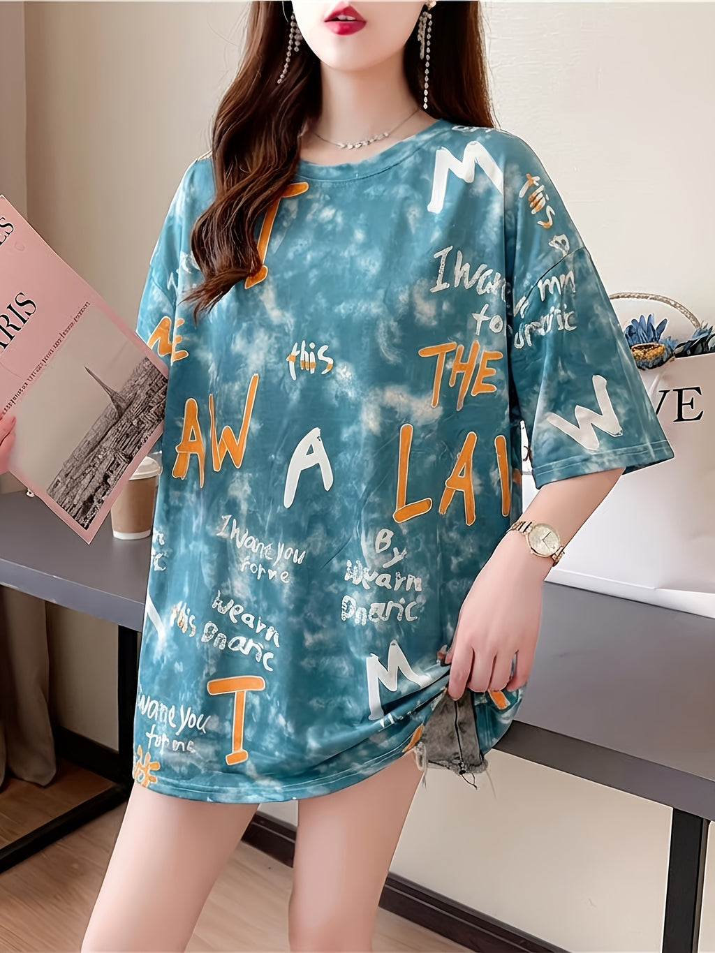 Women's Plus Size Loose Fit Cartoon Print T-Shirt - Casual Round Neck Short Sleeve Top, Breathable Medium Stretch Fabric, Long Length for Spring Summer Fall, Machine Washable, Ladies T Shirts - 301-G