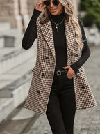 1pc Women'S Houndstooth Suit Vest - Mid-Length Sleeveless Jacket, Contrast Lapel, Button-Front Closure - Suitable for Commute, Office to Party Wear, Machine Washable, Spring/Fall/Winter - Versatile Elegant Women'S Teacher Outfit, Mom Wear - Coffee Brown