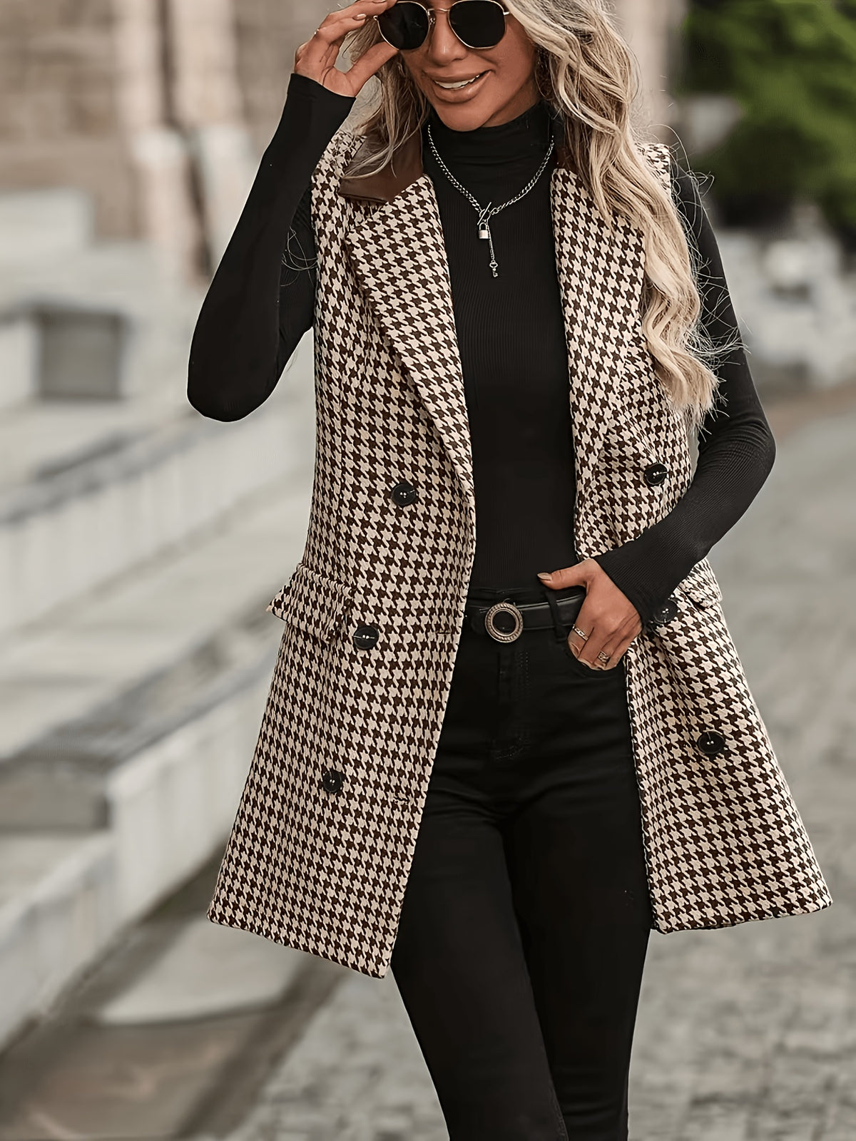 1pc Women'S Houndstooth Suit Vest - Mid-Length Sleeveless Jacket, Contrast Lapel, Button-Front Closure - Suitable for Commute, Office to Party Wear, Machine Washable, Spring/Fall/Winter - Versatile Elegant Women'S Teacher Outfit, Mom Wear - Coffee Brown