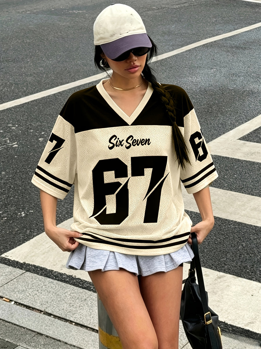 Sports V-Neck Printed Short Sleeve | Trendy European And American Style, Slight Stretch Fabric, Ideal For Spring/Summer - Mixed colors