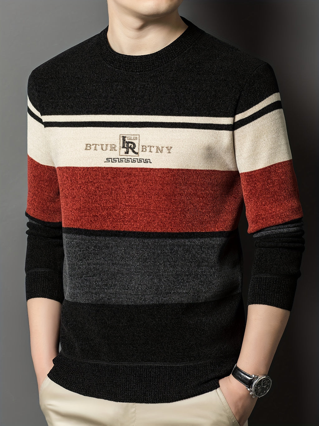 Men'S Winter Striped Crew Neck Sweater, Thickened, Casual Round Neck, Regular Fit, Long Sleeve, Knitted Pullover with Ribbed Hem And Cuffs, Fashionable Letter Pattern, Winter Warmth Top, Autumn Essentials - Brick Red