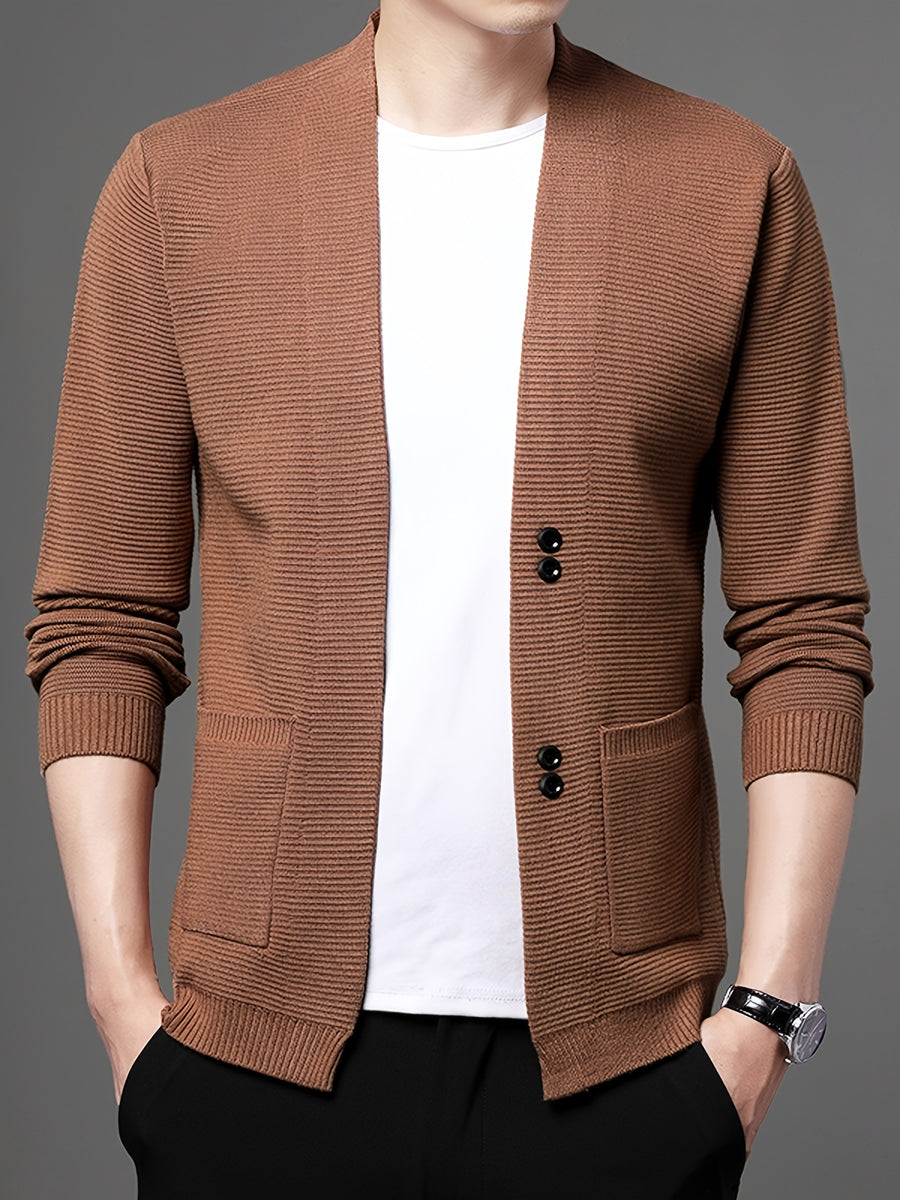 Du Jing Lan OBM Spring/Summer New Arrival Men's Knitted Cardigan, Old Money Style Solid Color V-Neck Long Sleeve Open Front Knit Cardigan, Men's Business Casual Fashion Single-Breasted Ribbed Sweater Jacket with Side Pockets, Suitable for Layering - Rust