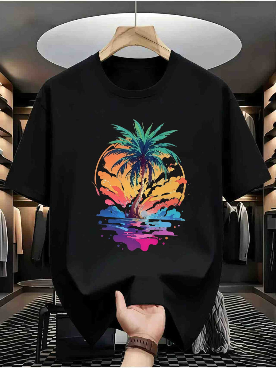 Men'S Vacation Style Palm Tree Print Short Sleeve T-Shirt New Summer Casual Breathable Crew Neck Top Suitable for Daily Outings Beach Wear Plus Size Comfortable Half Sleeve Male Tee - Black
