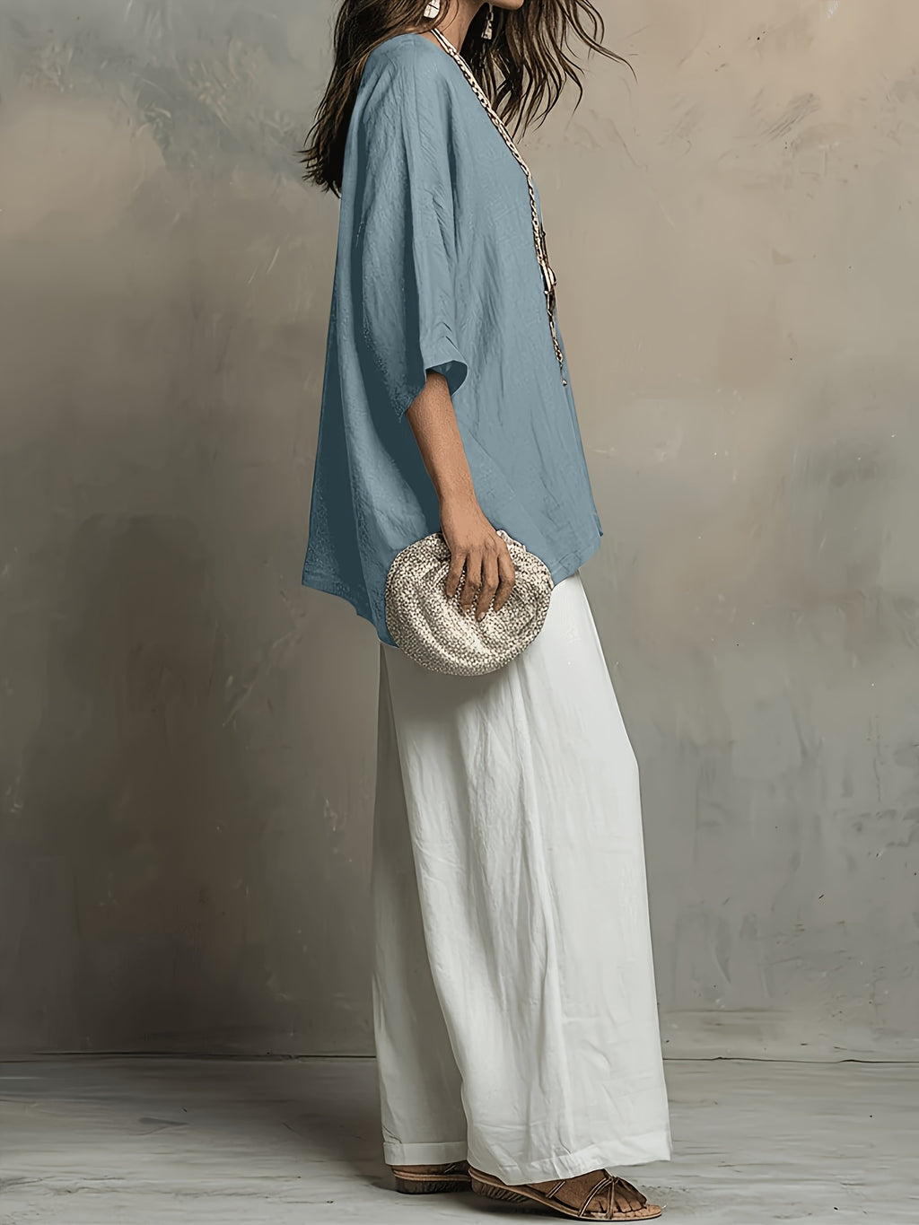Bohemian Spring Summer New Loose Elegant Color-Block Set Women'S Round Neck Short Sleeve Solid Top And High-Waist Wide-Leg Pants 2pcs Set Western Casual Vacation Suit - Light Blue