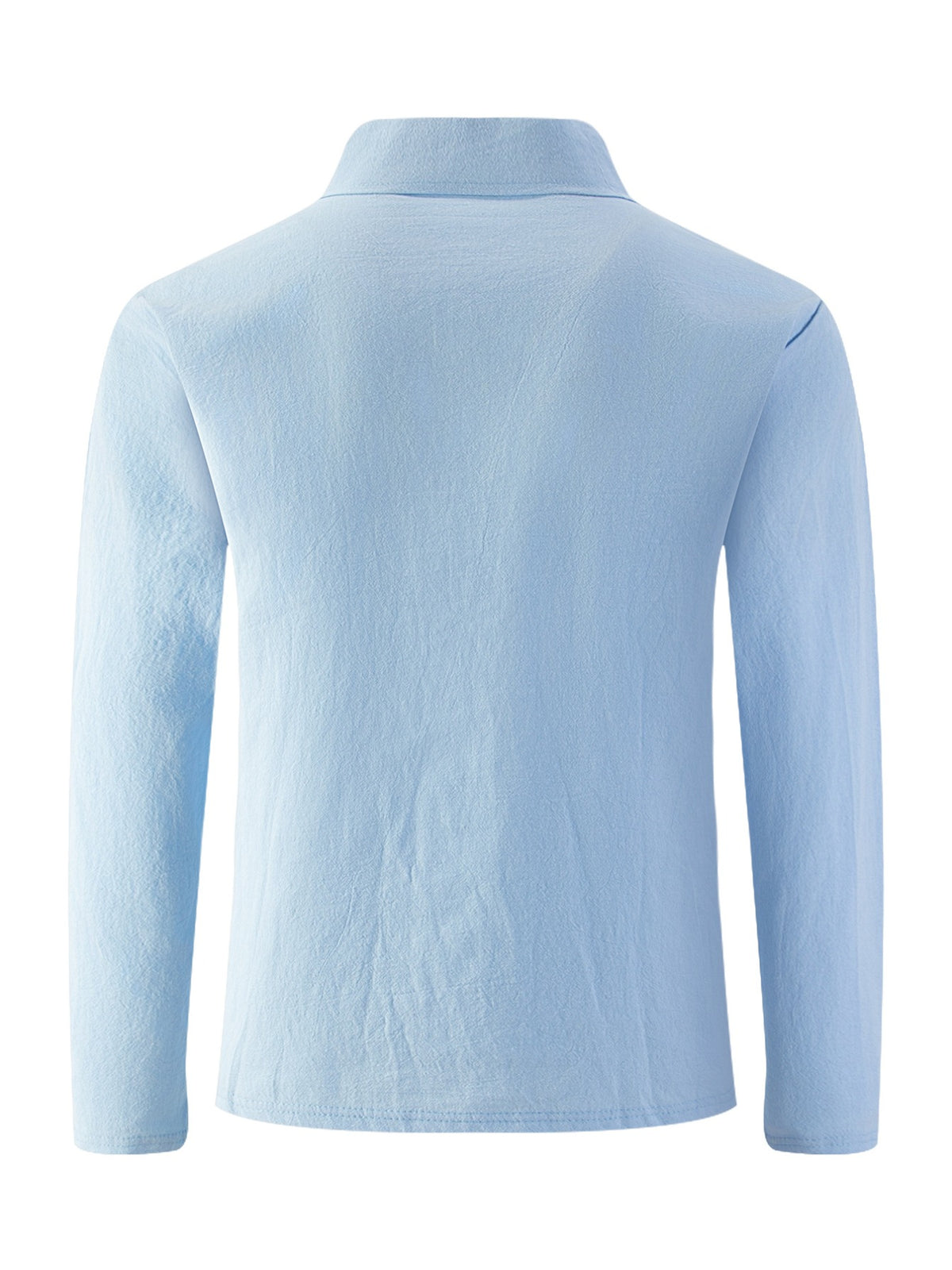 95% Linen Long Sleeve Polo Shirt Fall Winter Midweight Crinkle Texture 3 Wooden Buttons Single Chest Pocket Lapel Casual Top - Light Blue