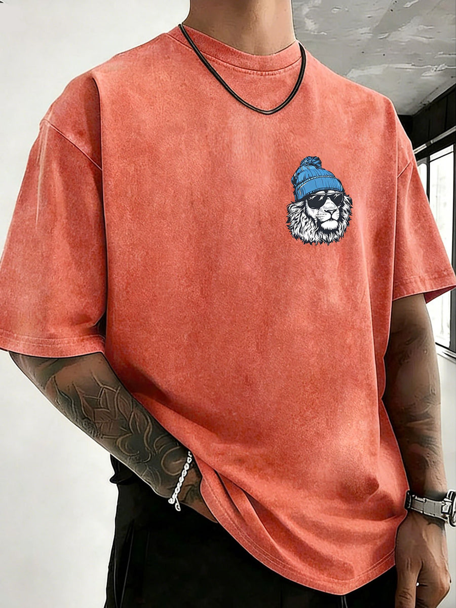 Men's Heavyweight Washed Distressed Loose-Fit Short-Sleeve T-Shirt with Reversible Print, Available in 12 Colors for Mix & Match, National Trend Y2K Style for Daily Commuting, Sports, Fitness, Couples, Streetwear, and Outings - Orange