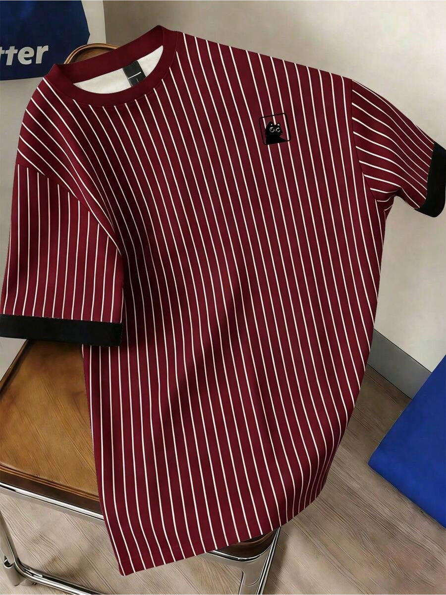 Men'S Casual Striped Cuff Patchwork Round Neck Summer T-Shirt, Comfortable And Breathable [Printed Design - Not Textured] - Mixed Color 3