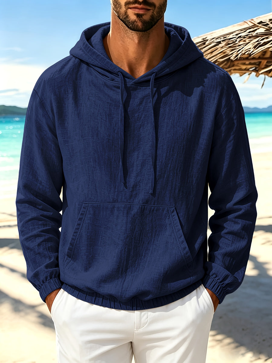 Men'S Spring Autumn New Thin Solid Linen Lightweight Hooded Sweatshirt Casual Commute Outing Fitness Party Street Fashion Athletic Casual Large Pocket Long Sleeve Hooded Top - Navy Color