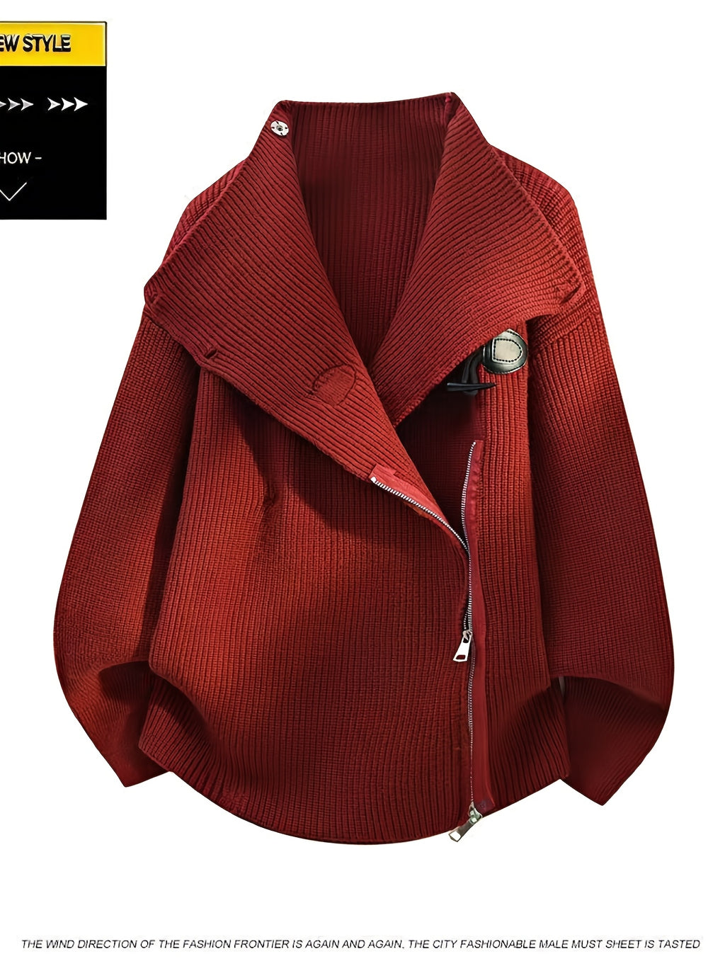 Halloween, Christmas, Thanksgiving, Pre-heat Single-pc Youth Men's Acrylic Knit Cardigan with Irregular Diagonal Zipper, Available in Red, Gray, and Black, Vintage Solid Color Stand-Up Collar Loose Fit Thickened Sweater Coat, Two Collar Style - Red