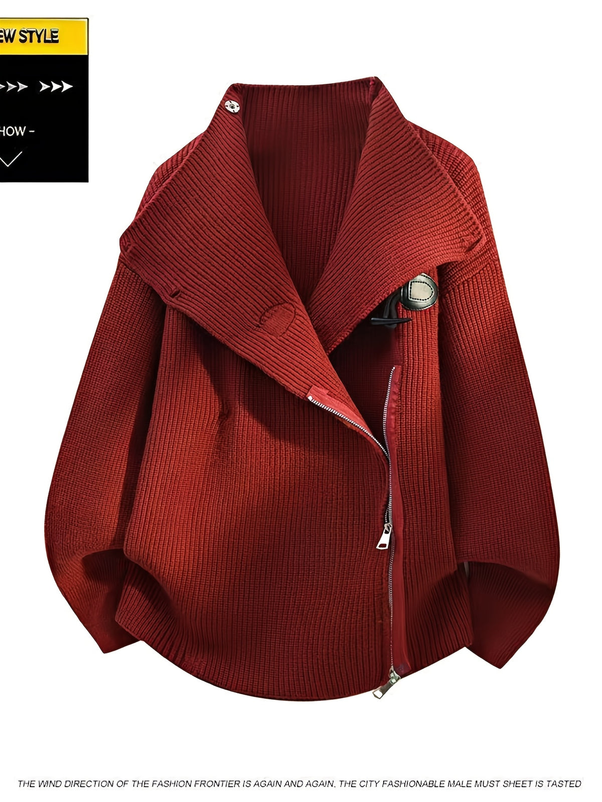 Halloween, Christmas, Thanksgiving, Pre-heat Single-pc Youth Men's Acrylic Knit Cardigan with Irregular Diagonal Zipper, Available in Red, Gray, and Black, Vintage Solid Color Stand-Up Collar Loose Fit Thickened Sweater Coat, Two Collar Style - Red