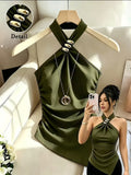 Spring Summer Women'S Slim Casual Asymmetrical Hem Vest, Metal Buckle Decor Sleeveless Halter Short Top - Olive Green