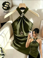Spring Summer Women'S Slim Casual Asymmetrical Hem Vest, Metal Buckle Decor Sleeveless Halter Short Top - Olive Green