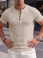 3pcs Set Men'S Fashion Men'S Top Spring Summer Outdoor Casual Fashion Jacquard Texture Fabric Contrast Round Neck Single-Button Short Sleeve Men'S Henley Shirt - Polychrome