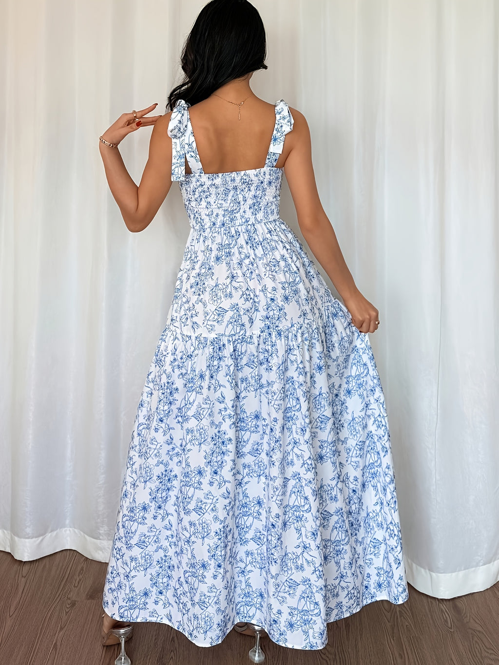 French-Style Elegant Floral Print Sleeveless Summer New Light Blue Vacation Dress 220 - Blue And White